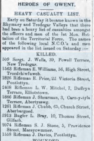 Merthyr Guardian 7th April 1915 - Riflemen E Price, J Davies and R J Sherman are on Pontlottyn Memorial.