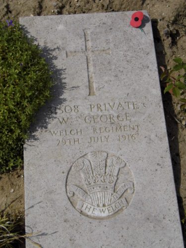 William George's grave at Wimereux.
Because of the sandy soil the gravestones are laid flat.
Photo courtesy of Carwyn Hughes.